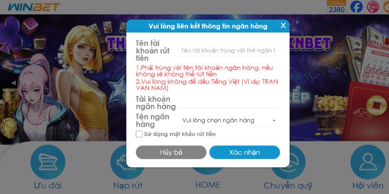 Tiến hành liên kết đến tài khoản ngân hàng của bạn tới Winbet